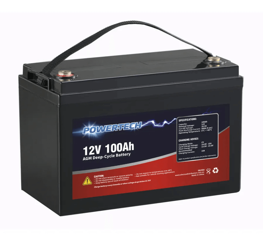 A black 12V 100Ah AGM Deep Cycle Battery with a label showing capacity and brand details.