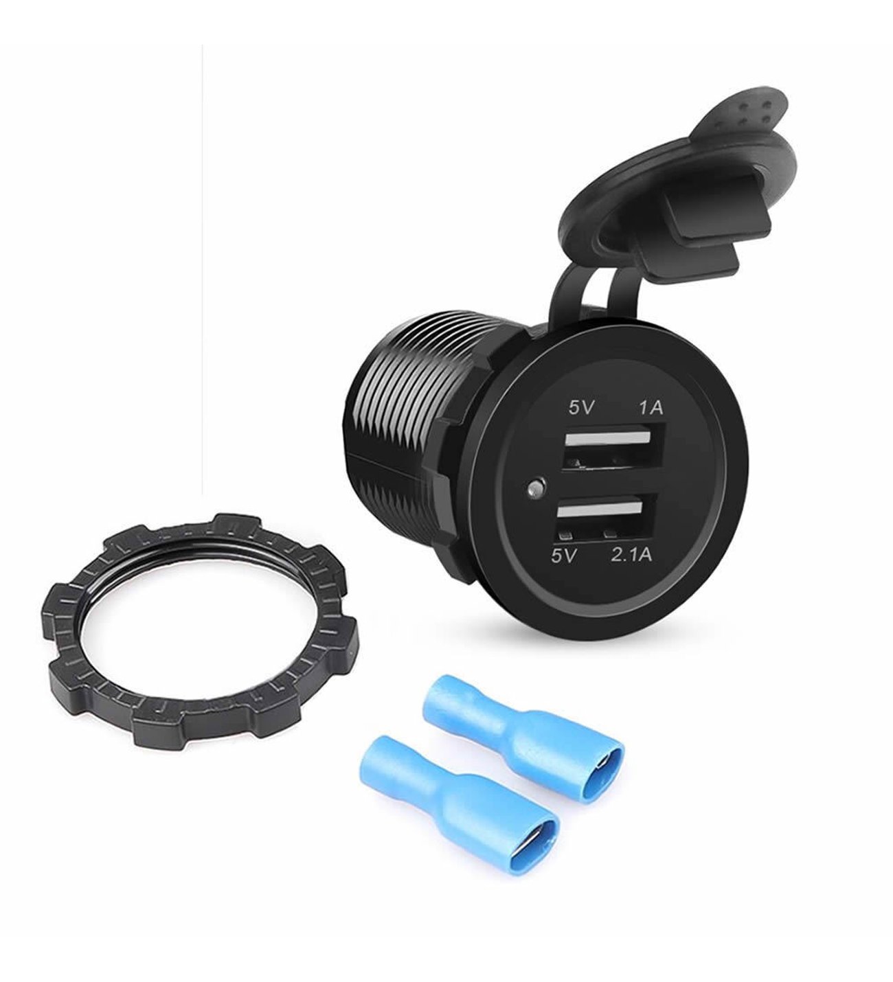 Car USB socket with cover, ring, and blue connectors on a white background