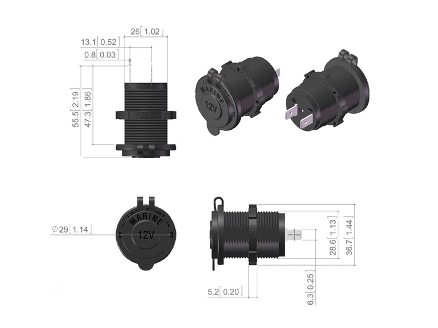 Technical drawings and black charger sockets on a white background with Vanifer branding.