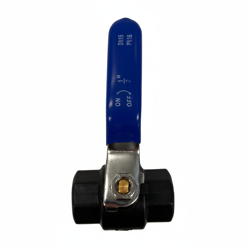 Front view of 15mm nylon female ball valve with blue long handle in closed position for caravan and motorhome plumbing systems