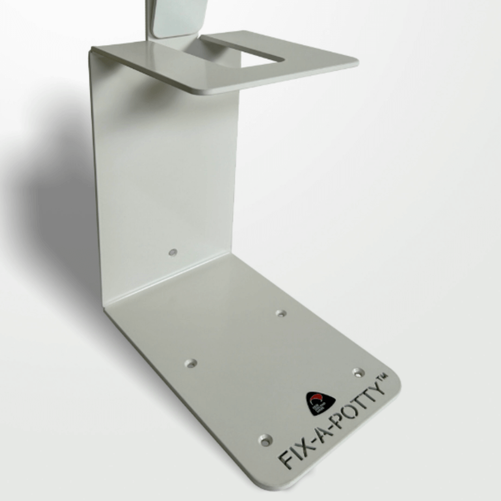 White toilet bracket designed for 10L portable toilets, essential for campervan setups.