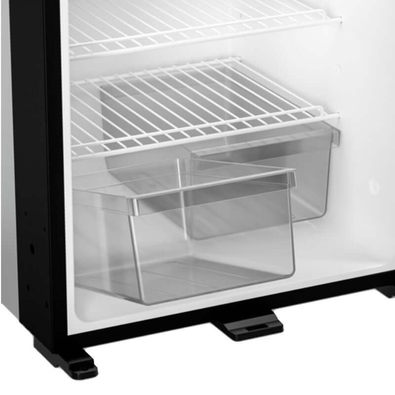 Interior view of the Dometic NRX 50C fridge with shelves and clear storage bins.