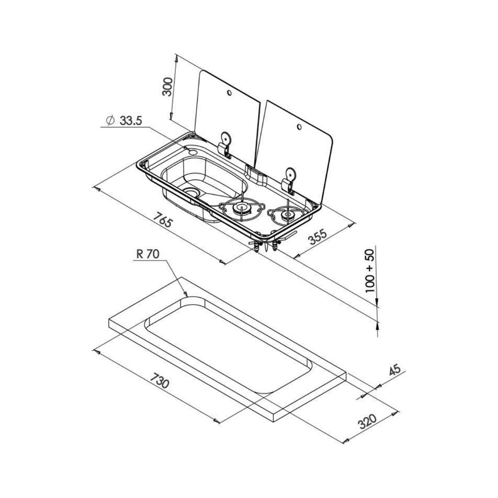 Technical drawing of a Burner Gas Hob with dimensions labeled