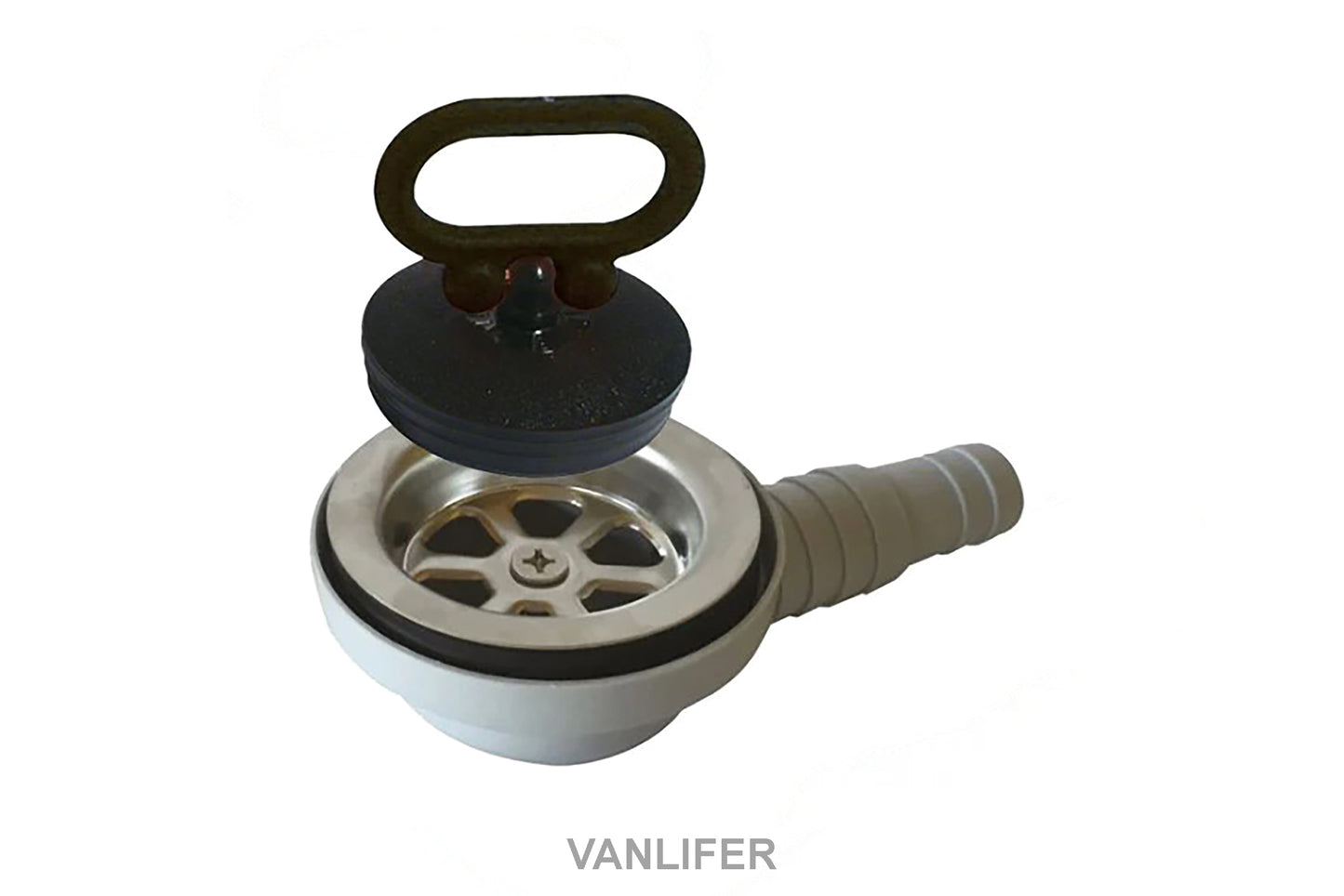 A sink waste with a 50mm plug and a stainless steel waste body, featuring a black plastic handle and a metal hose connection.