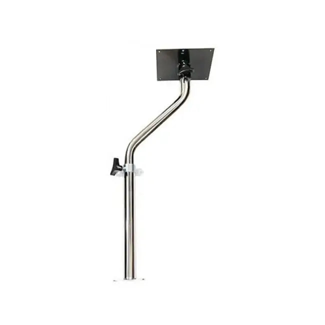 A swing away table attachment designed for space-saving in vehicles, featuring a metal pole with a clamp and a mounting plate.