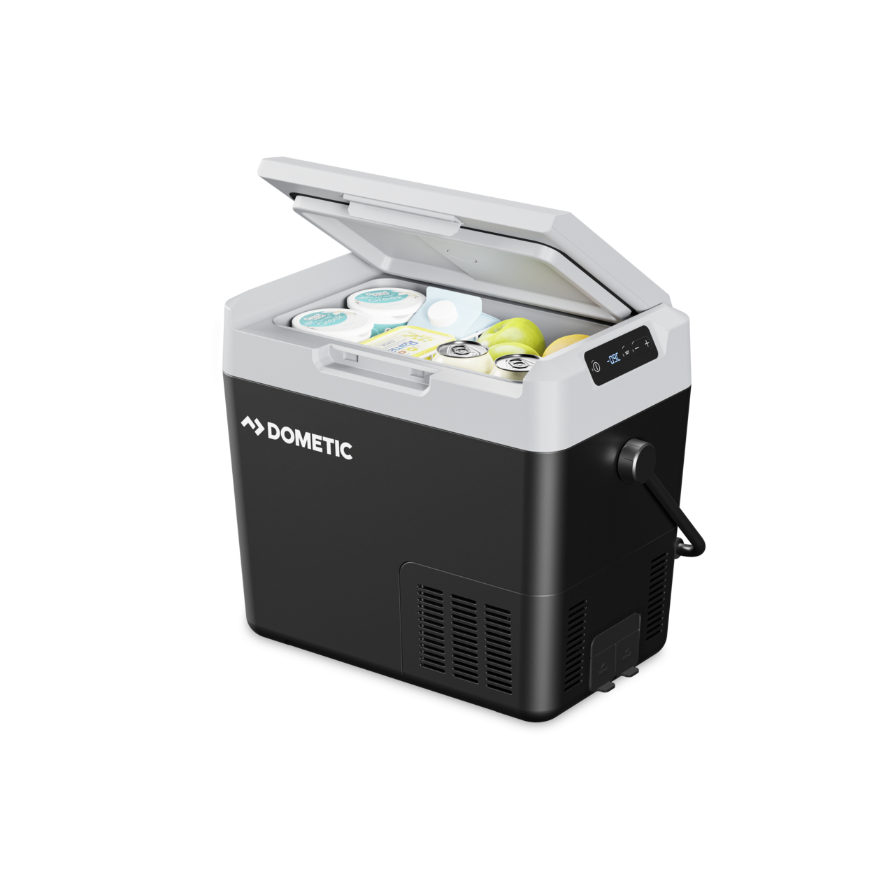 Dometic portable cooler with open lid showing ice and items on a white background