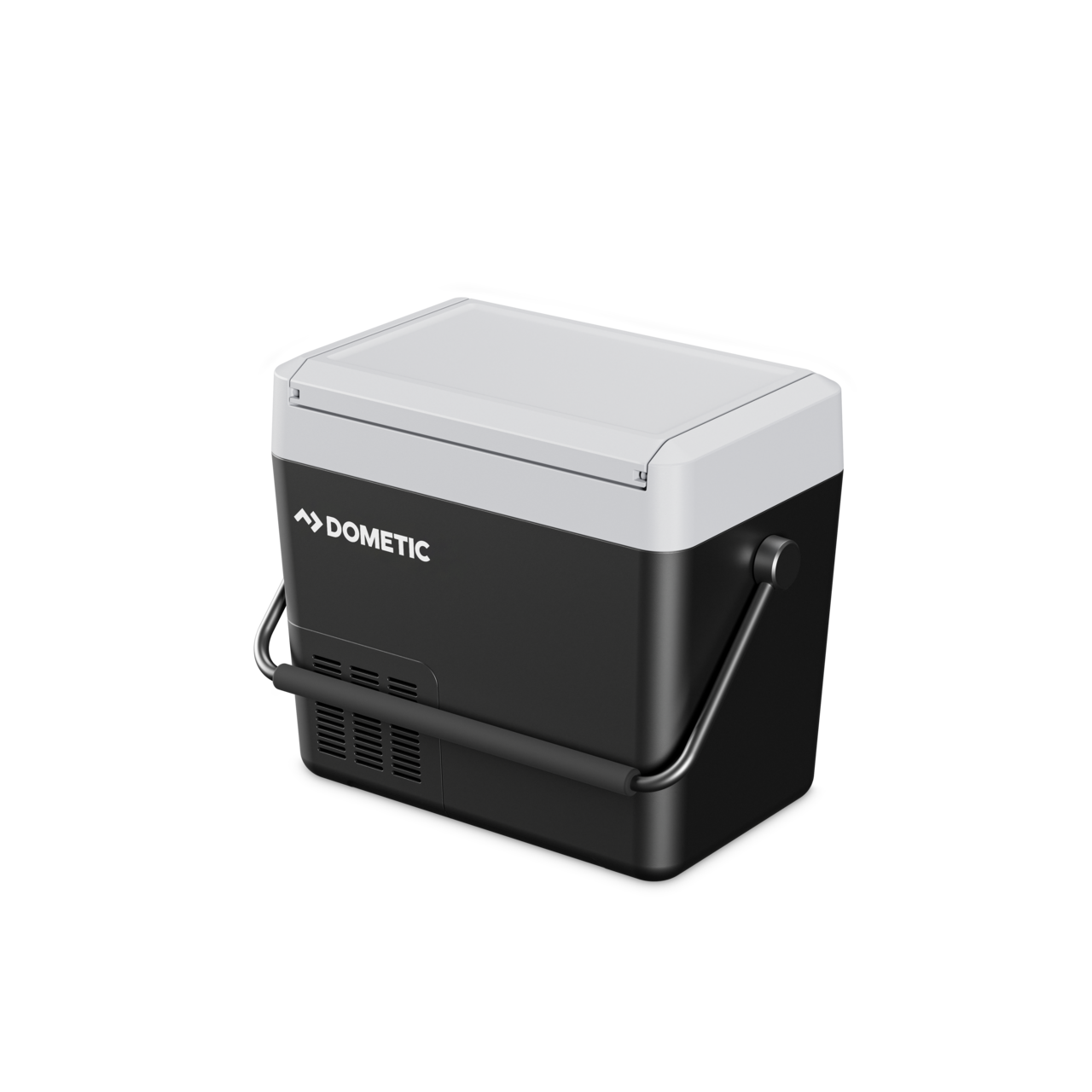 Black and white portable cooler with Dometic logo