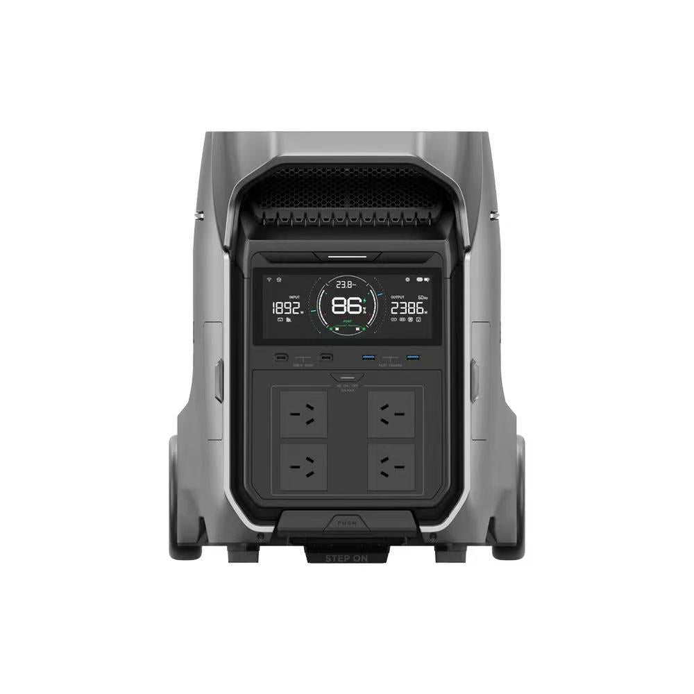 Power station with digital display and multiple outlets on a white background