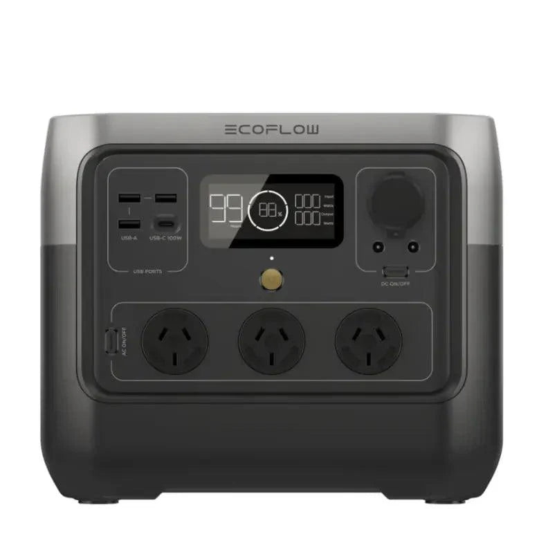 EcoFlow power station with multiple outlets and display on a white background