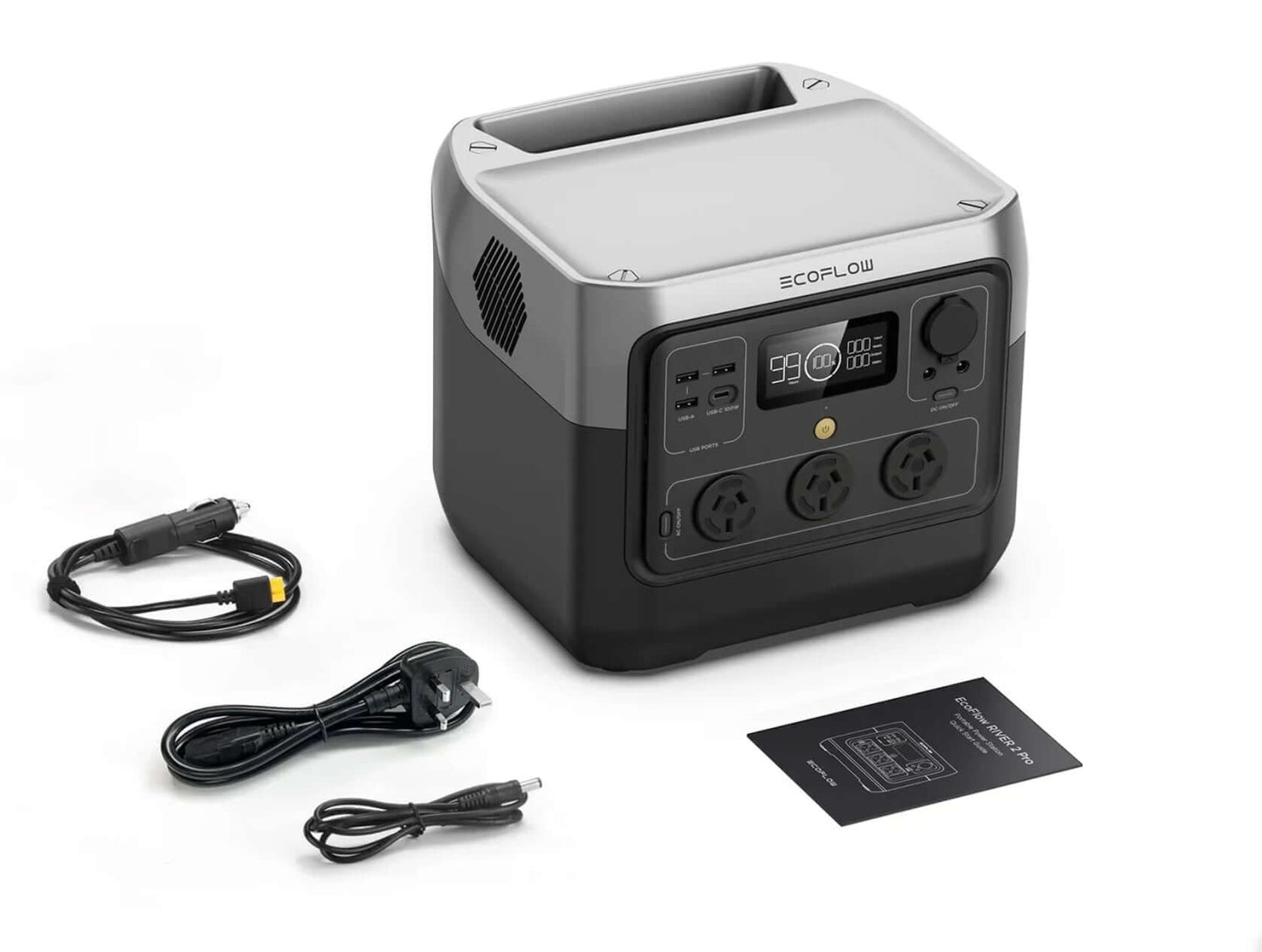 Portable power station with cables and manual on a white background