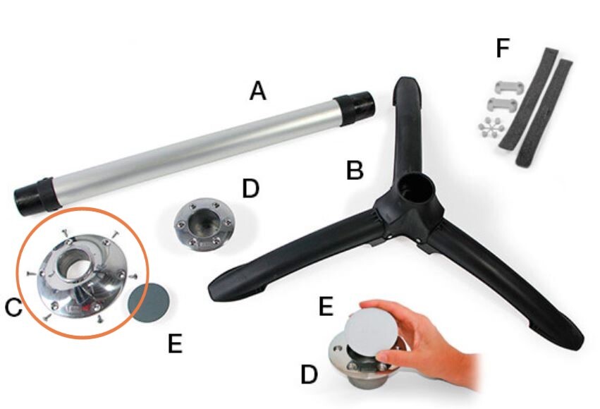 Mechanical parts labeled A to F on a white background