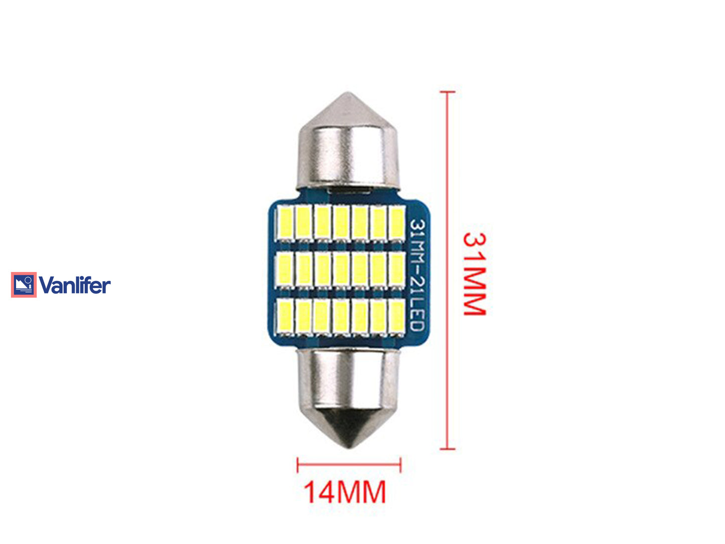 Car LED bulb with dimensions and Vanlifer branding on a white background
