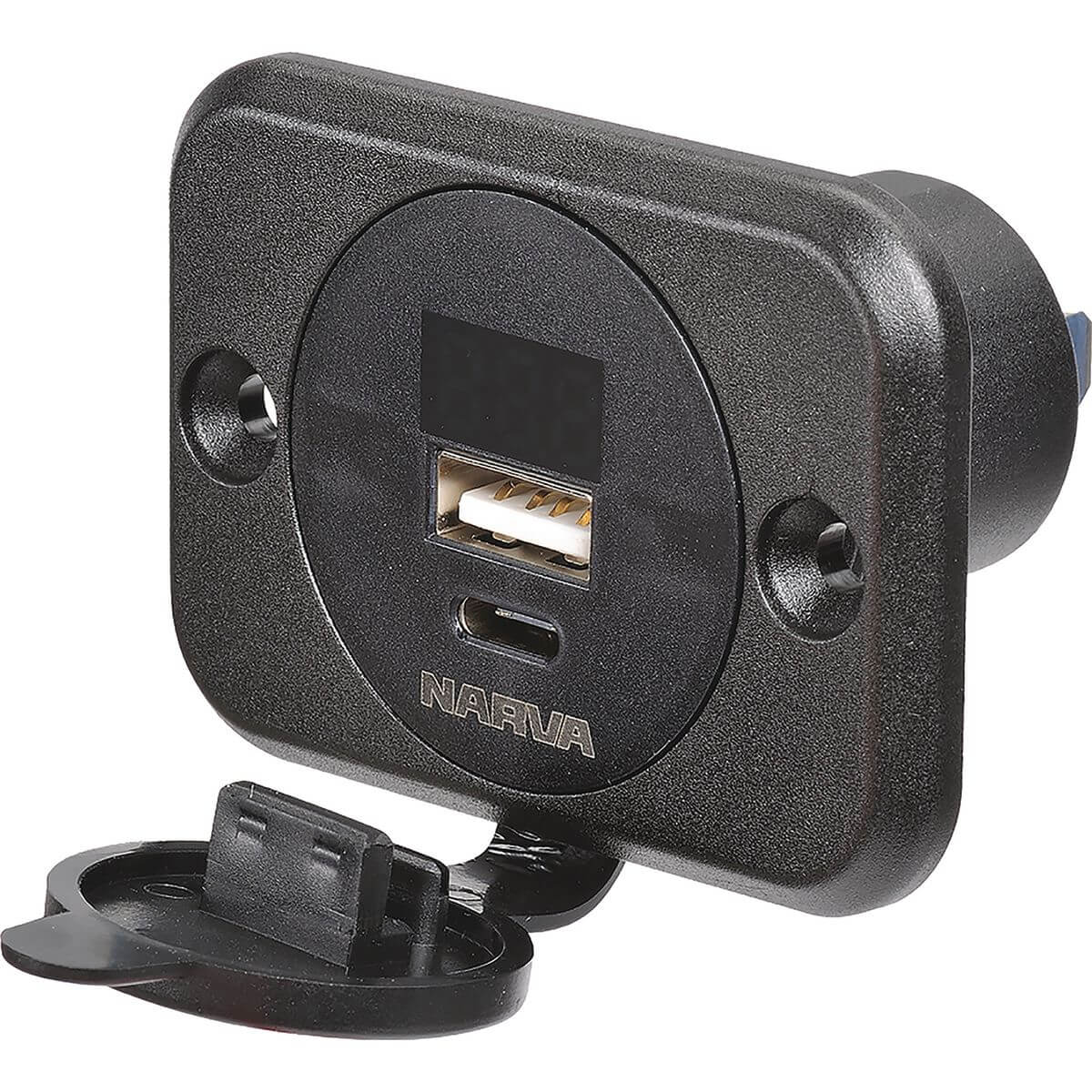 Narva heavy-duty USB and USB-C socket with volt/amp meter for campervans, compact and durable design.