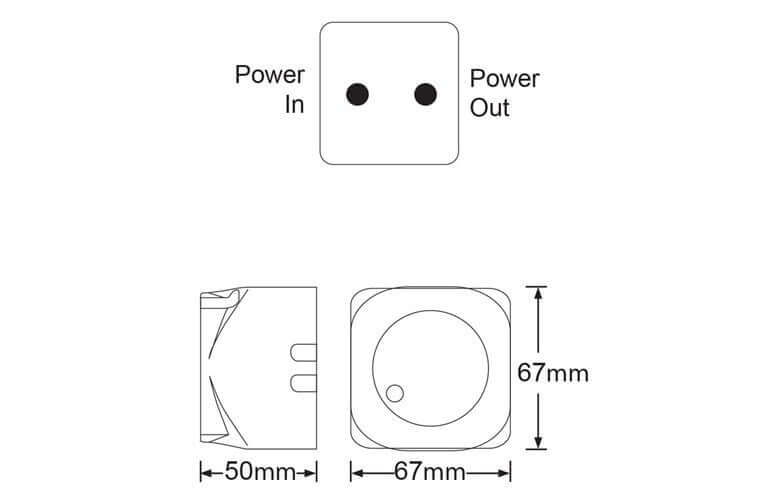 Diagram of a power adapter with labeled power input and output, dimensions, and connectors.