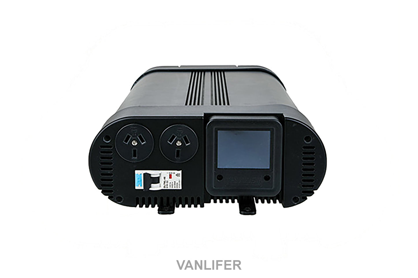 Power Train 2000W inverter rear view with Bluetooth screen and AC outlets for versatile power solutions.
