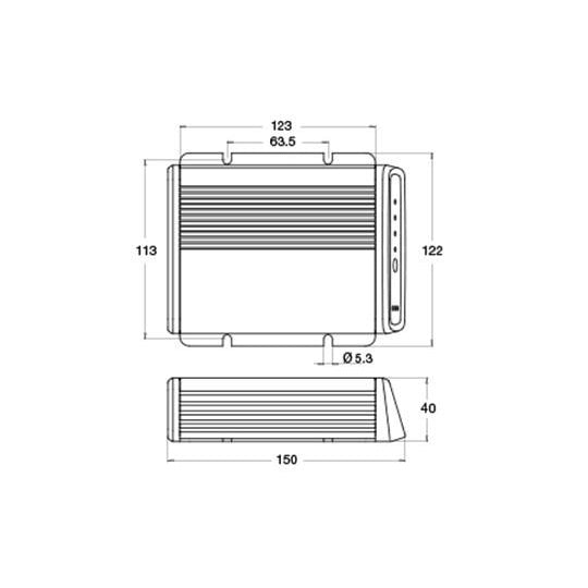 A technical drawing of a rectangular electronic device with dimensions labeled: width 123, height 122, length 150, thickness 40 (likely in mm). "Vanlifer" logo on the left.