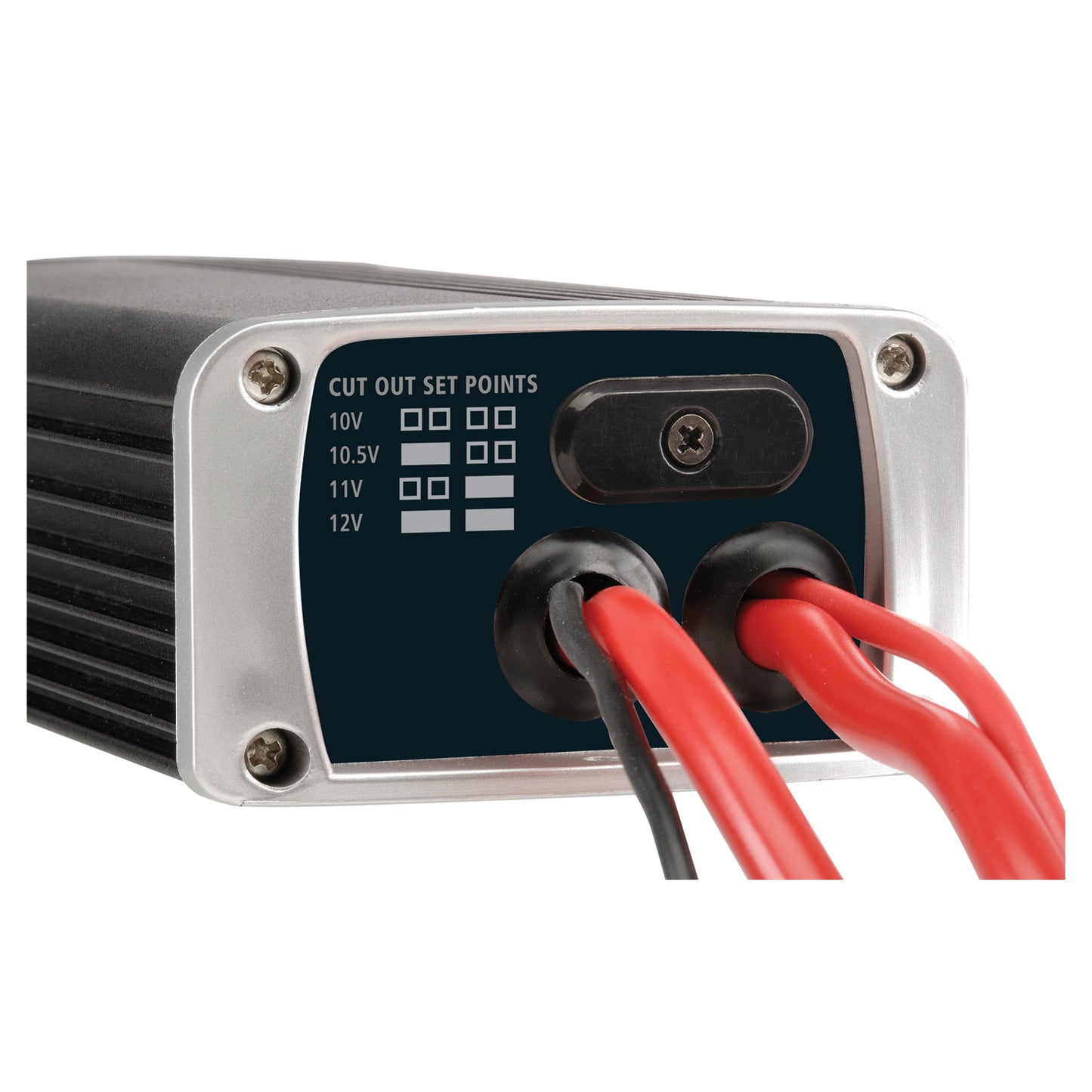 Electrical power converter with red and black cables on a white background