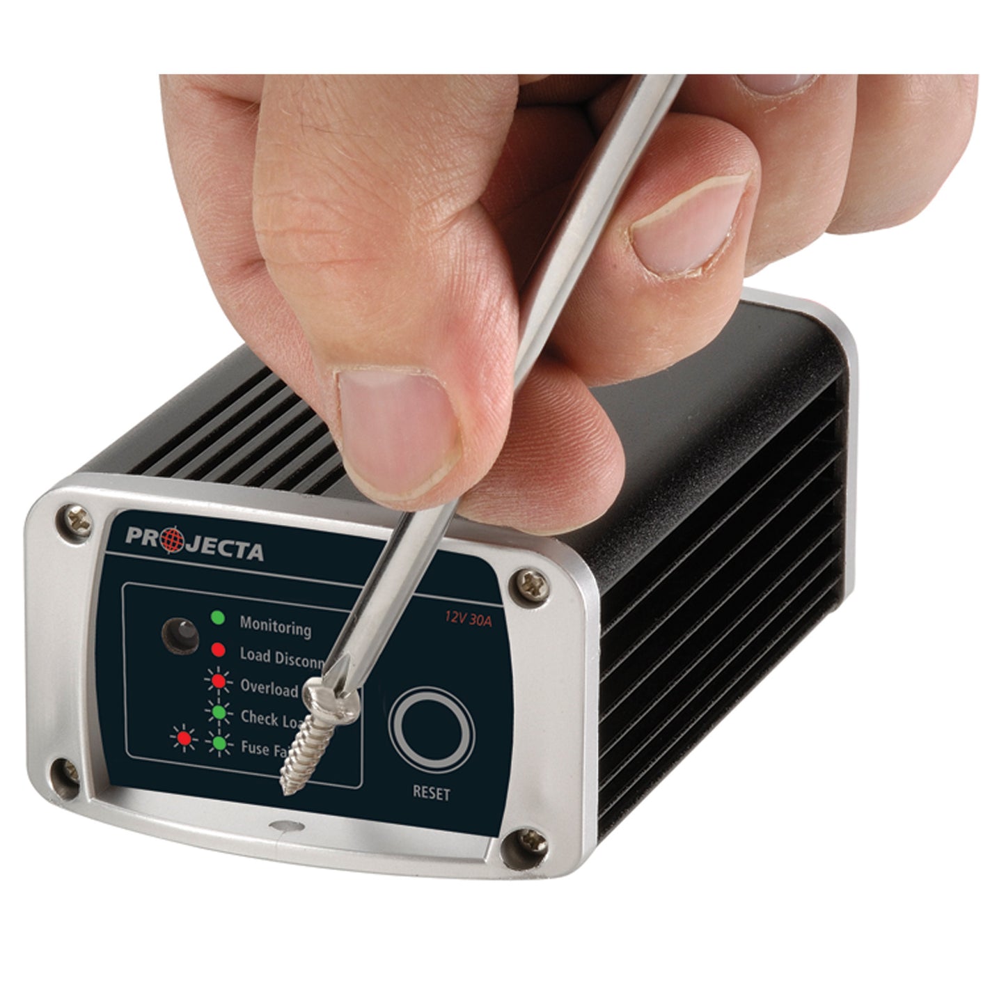Hand holding a small tool near a Projecta electronic device on a white background