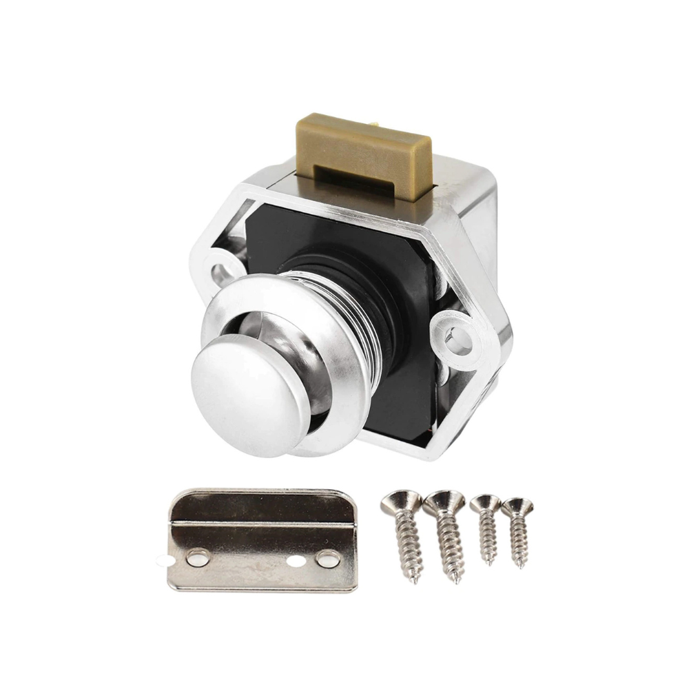 Metal door lock with components on a white background