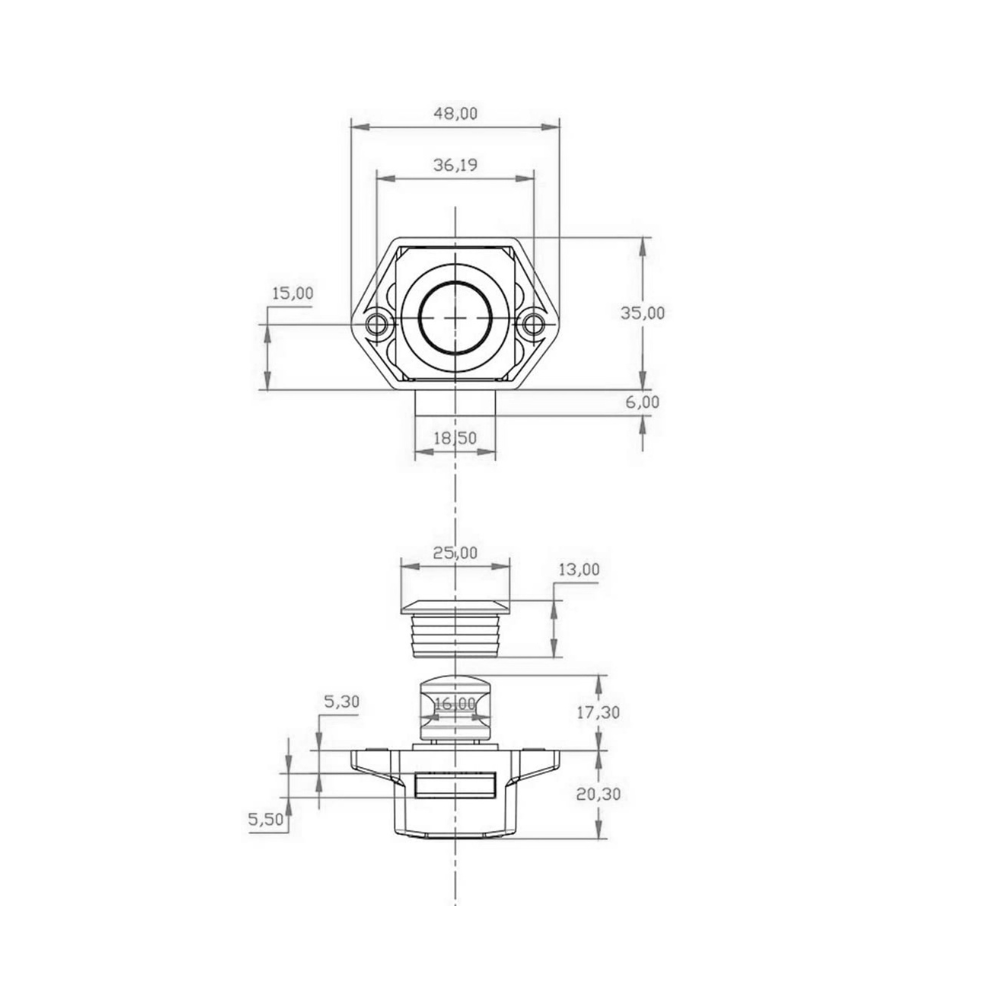 Technical drawing of a Push Button Cabinet Latch with dimensions