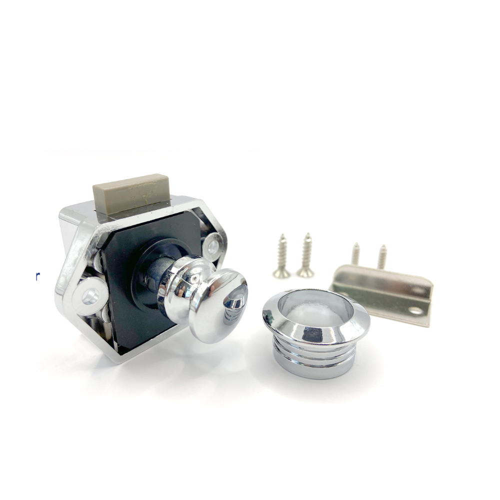 Chrome door handle set with screws on a white background