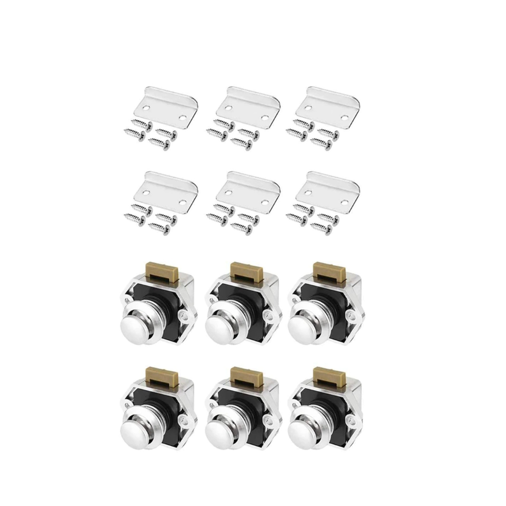 Set of eight metal Push Button Cabinet Latch on a white background