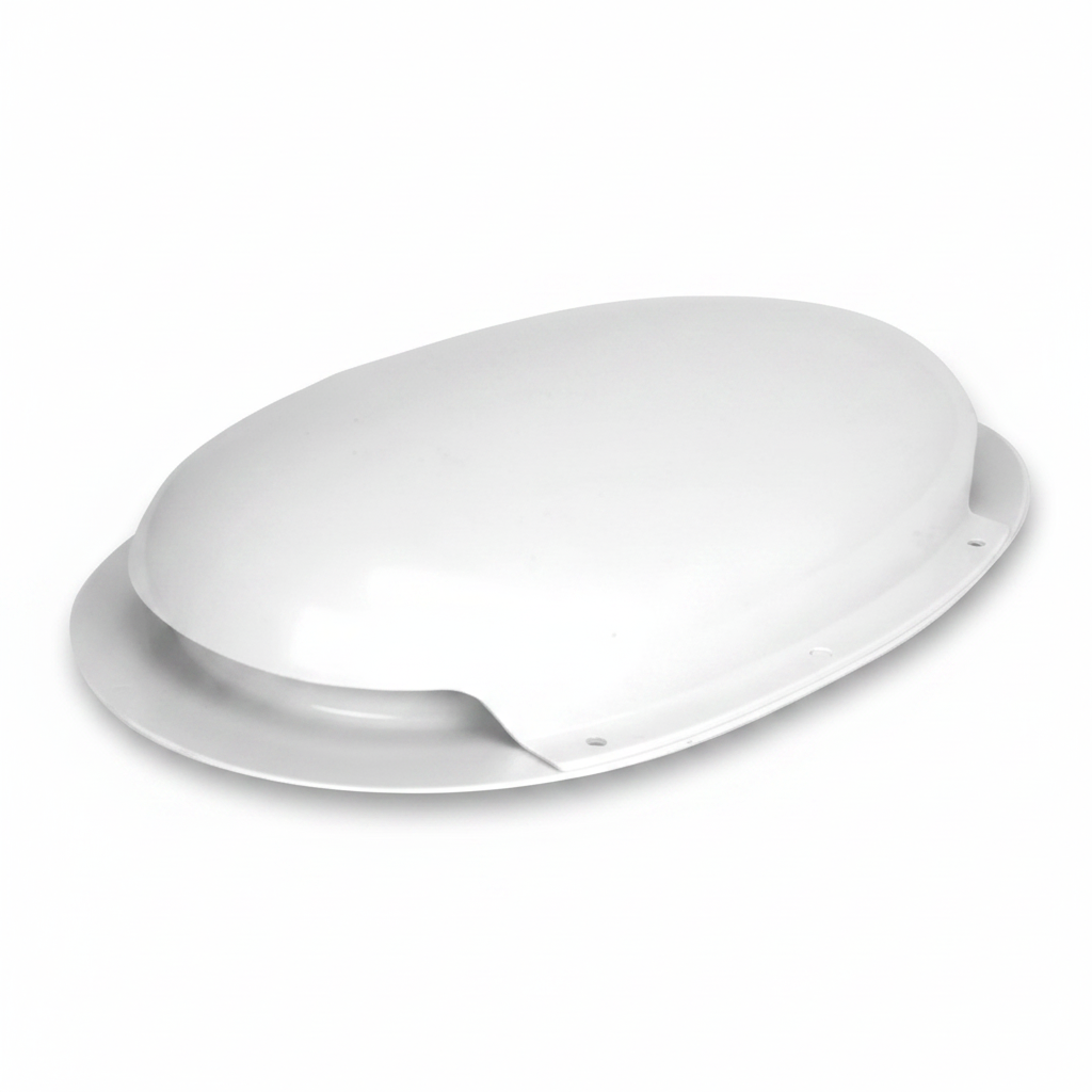 A white, solid-colored Roof D Vent for vehicles, featuring a smooth oval shape with a lip around the perimeter.