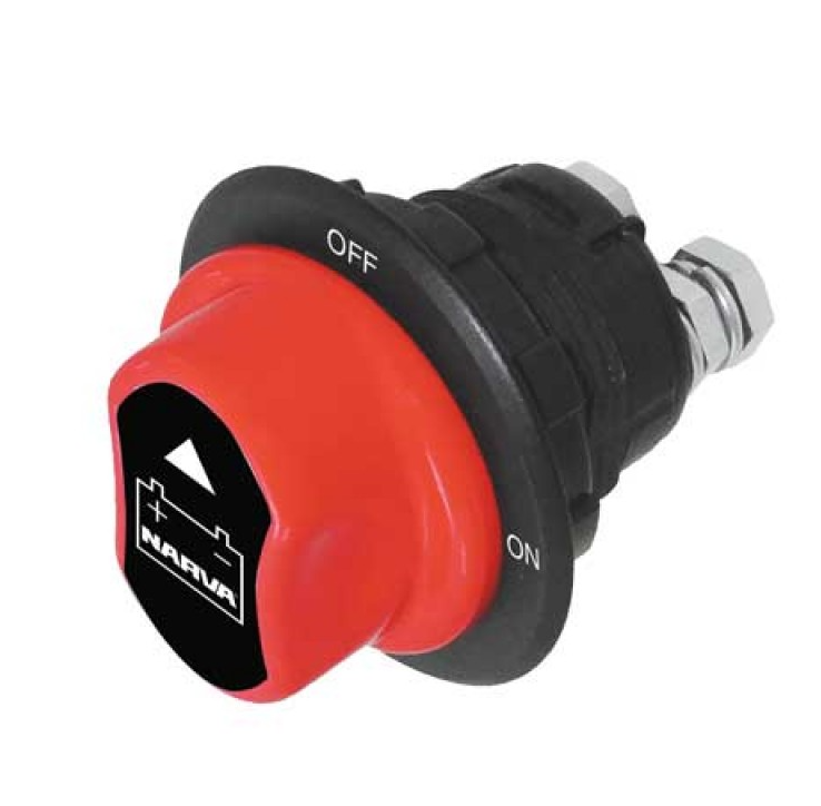 A red and black rotary battery master switch with the brand NARVA visible on the top