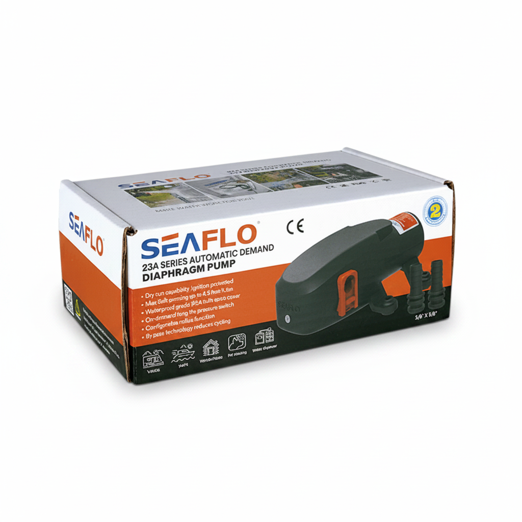 SEAFLO diaphragm pump packaging on a white background