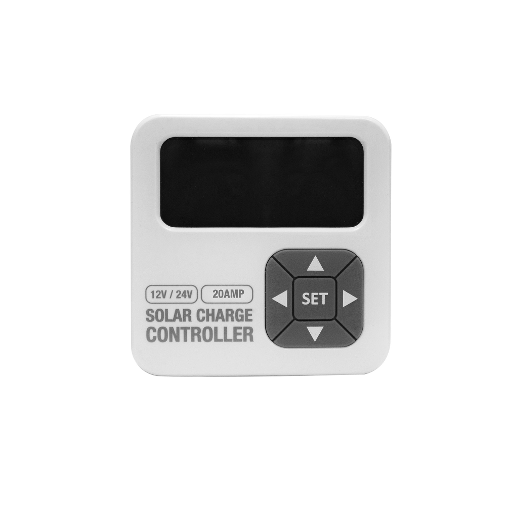 Solar charge controller with display and control buttons on a white background
