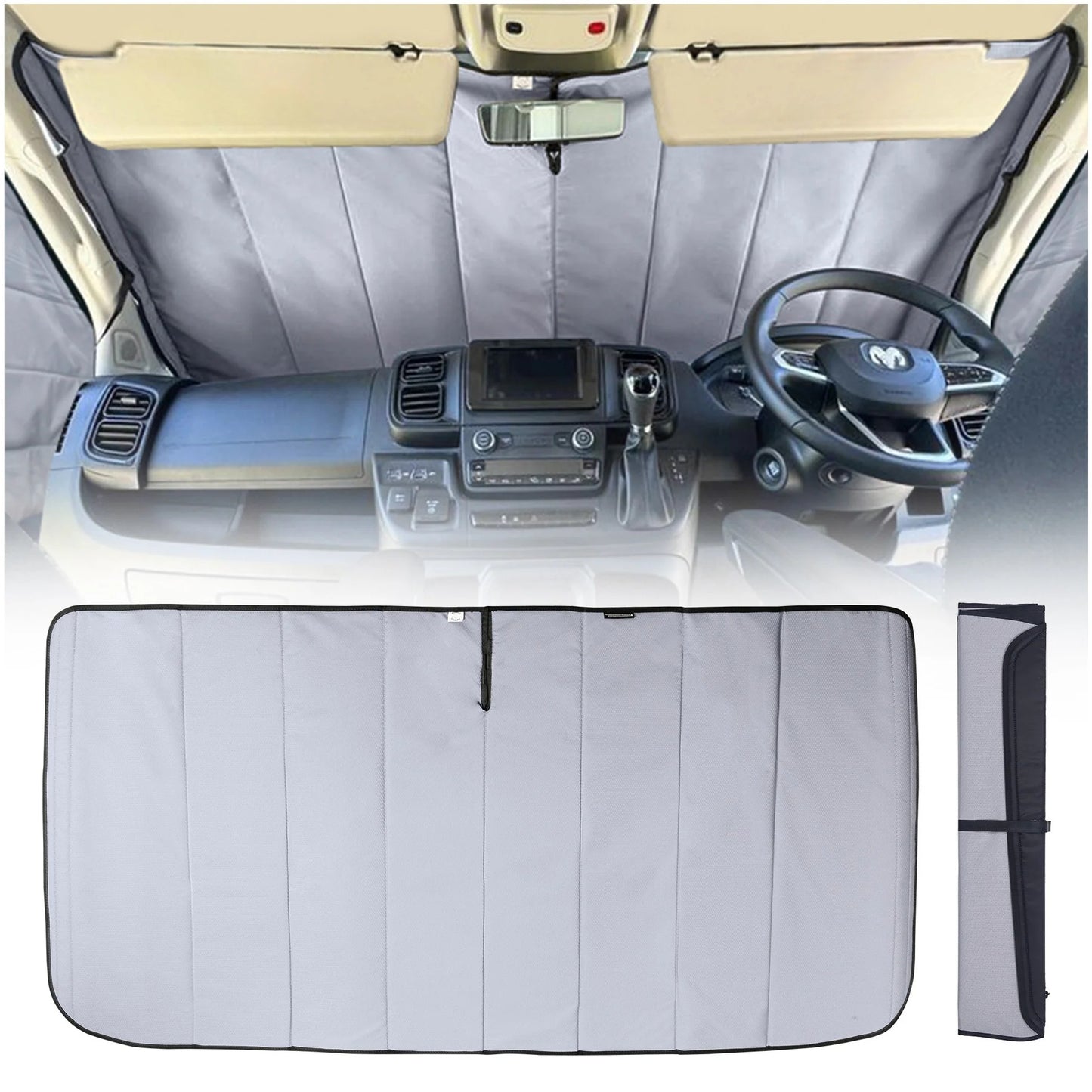 Car interior with a sunshade covering the windshield, dashboard, and steering wheel.