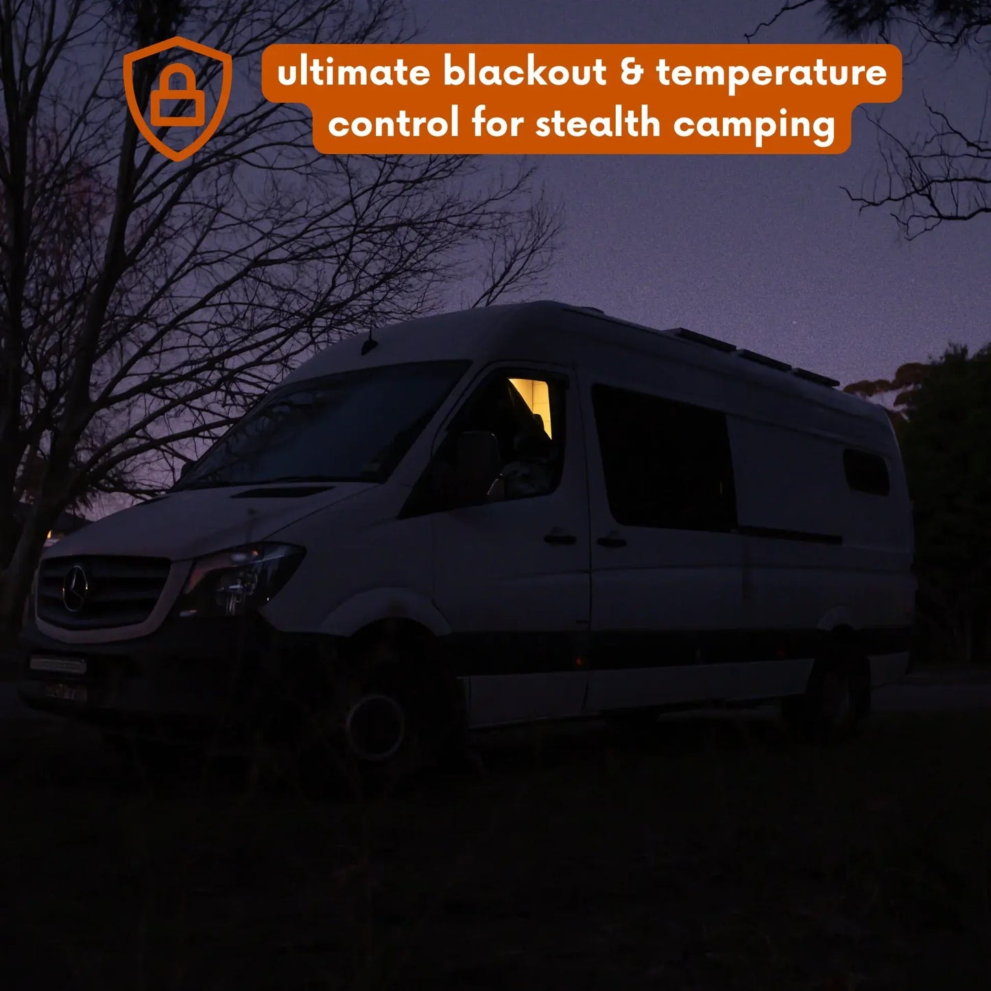 Van in a dark setting with text about blackout and temperature control for stealth camping.