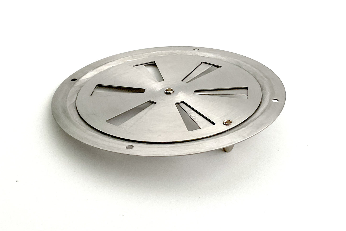 A round stainless steel metal vent with a butterfly louvered design.