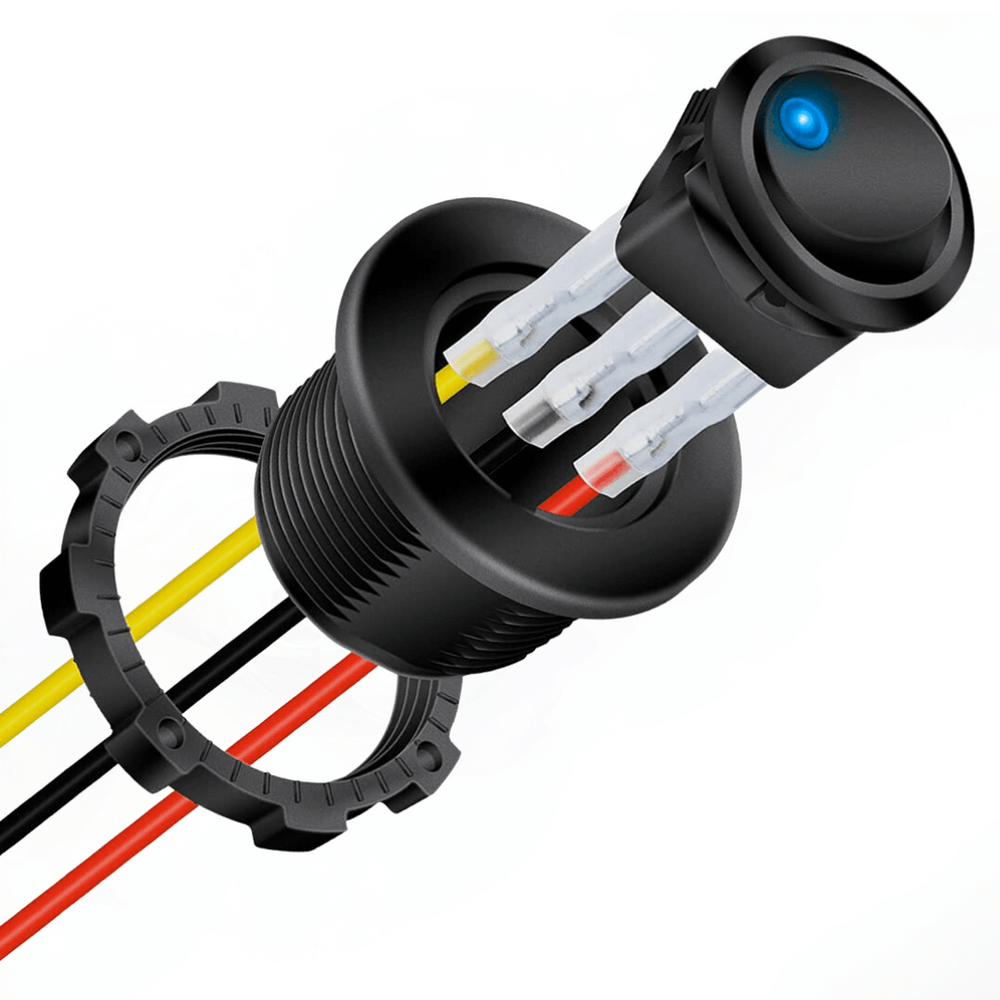 Black push-button switch with blue light and wiring on a white background