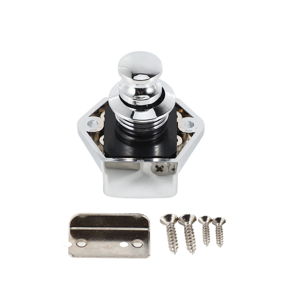 Chrome door handle set with screws on a white background