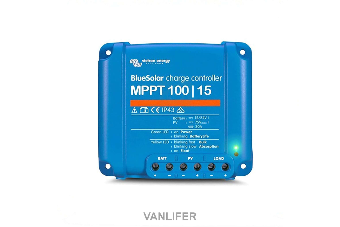 Victron BlueSolar MPPT 100/15 dimensions and mounting diagram — 100×113×40mm, 0.5kg