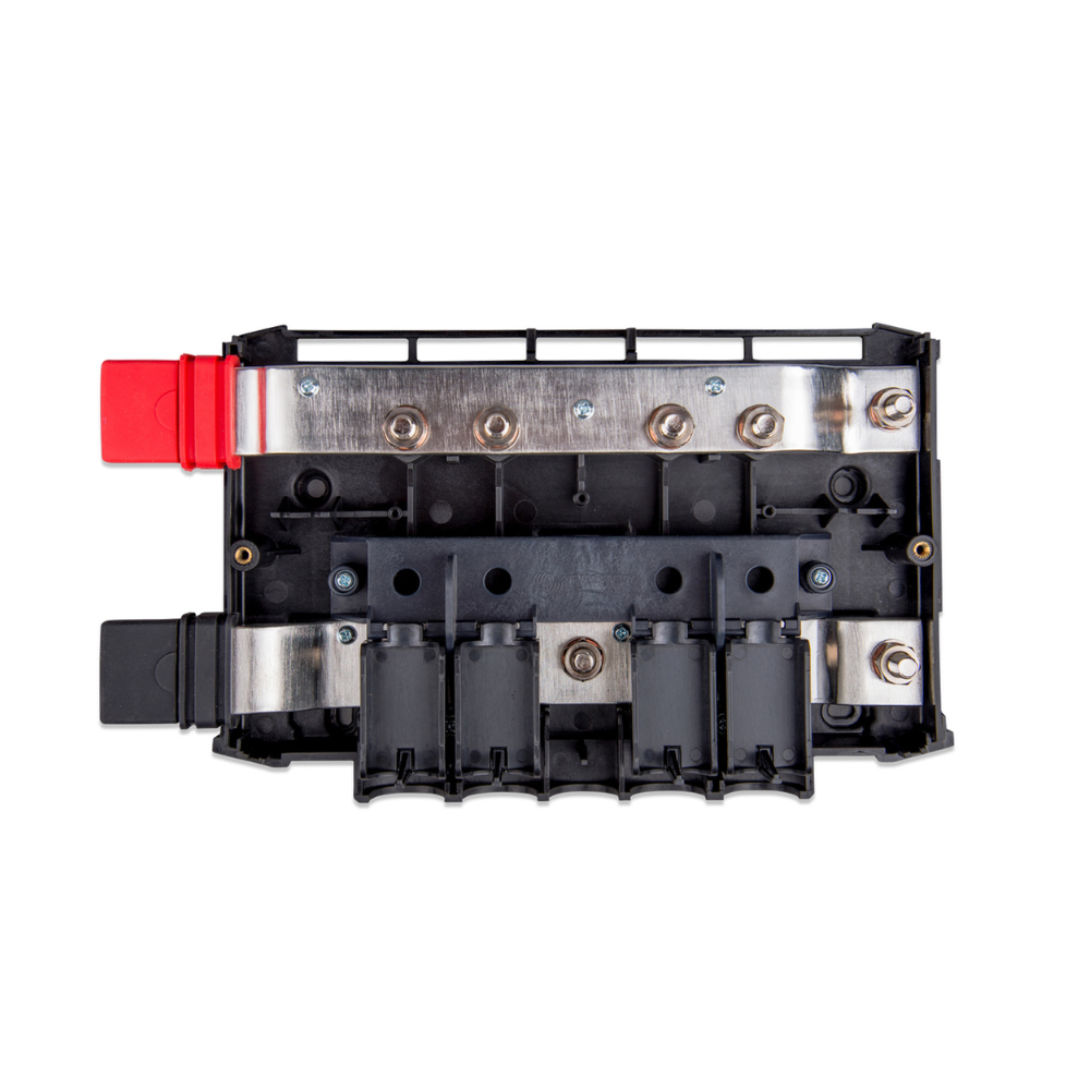 Electrical connector block with red and black terminals on a white background