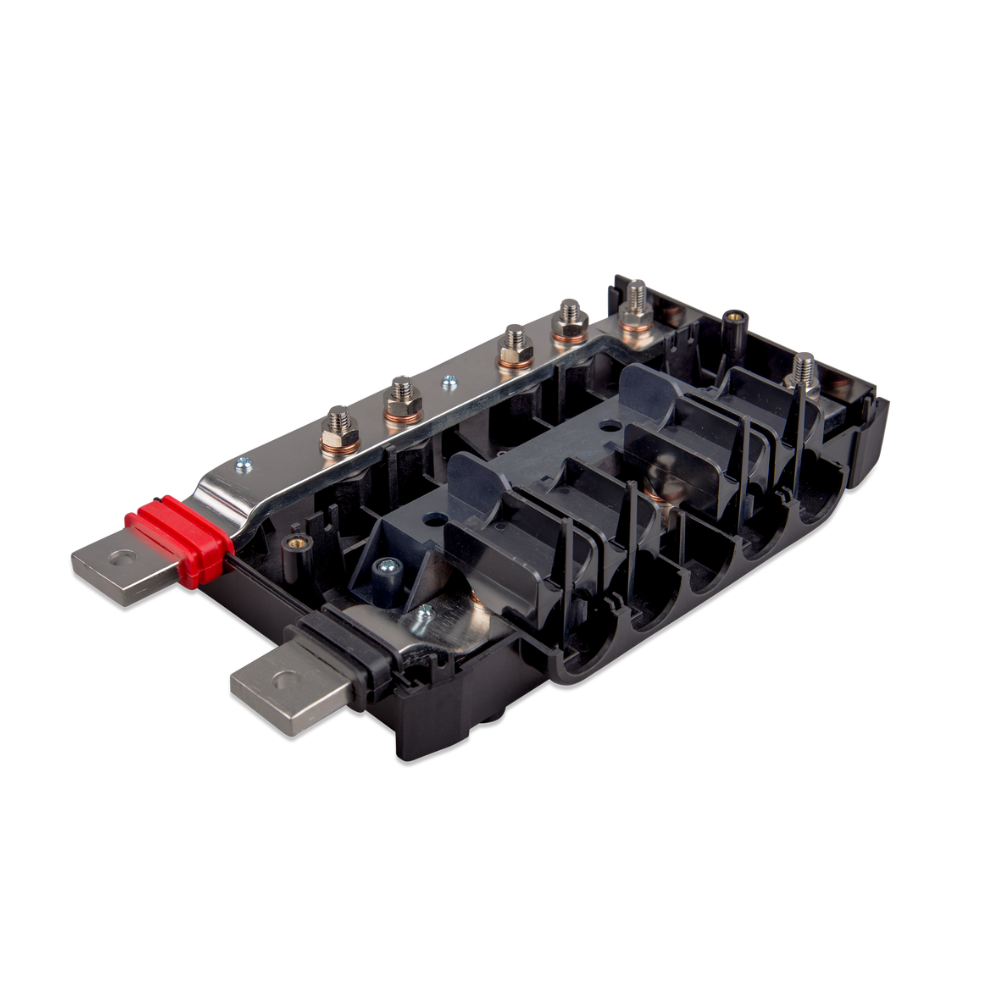 Black electronic module with red and silver components