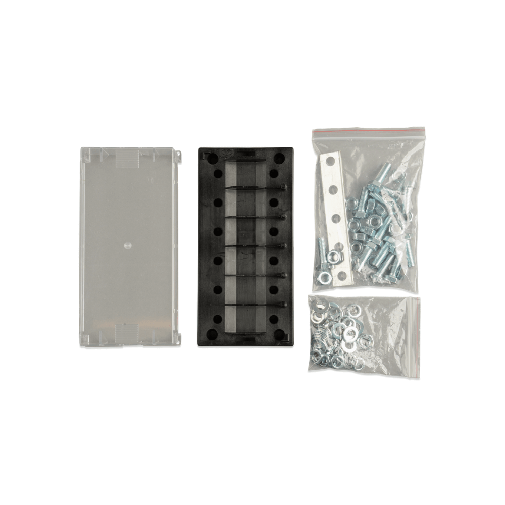 Set of mechanical components including a clear plastic bag with bolts, washers, and nuts on a white background.