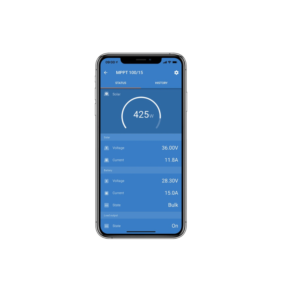VictronConnect app showing SmartSolar MPPT solar history and charge state graphs