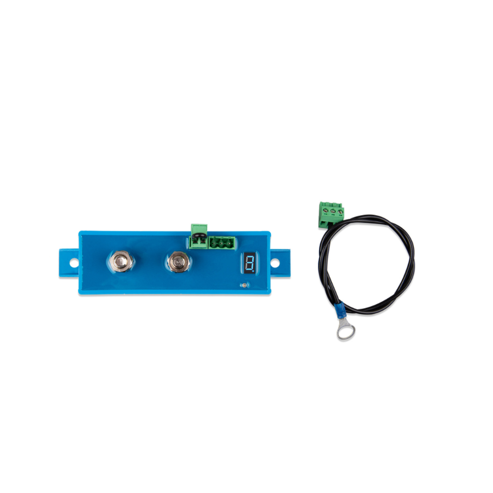 Blue electronic module with connectors and a cable on a white background