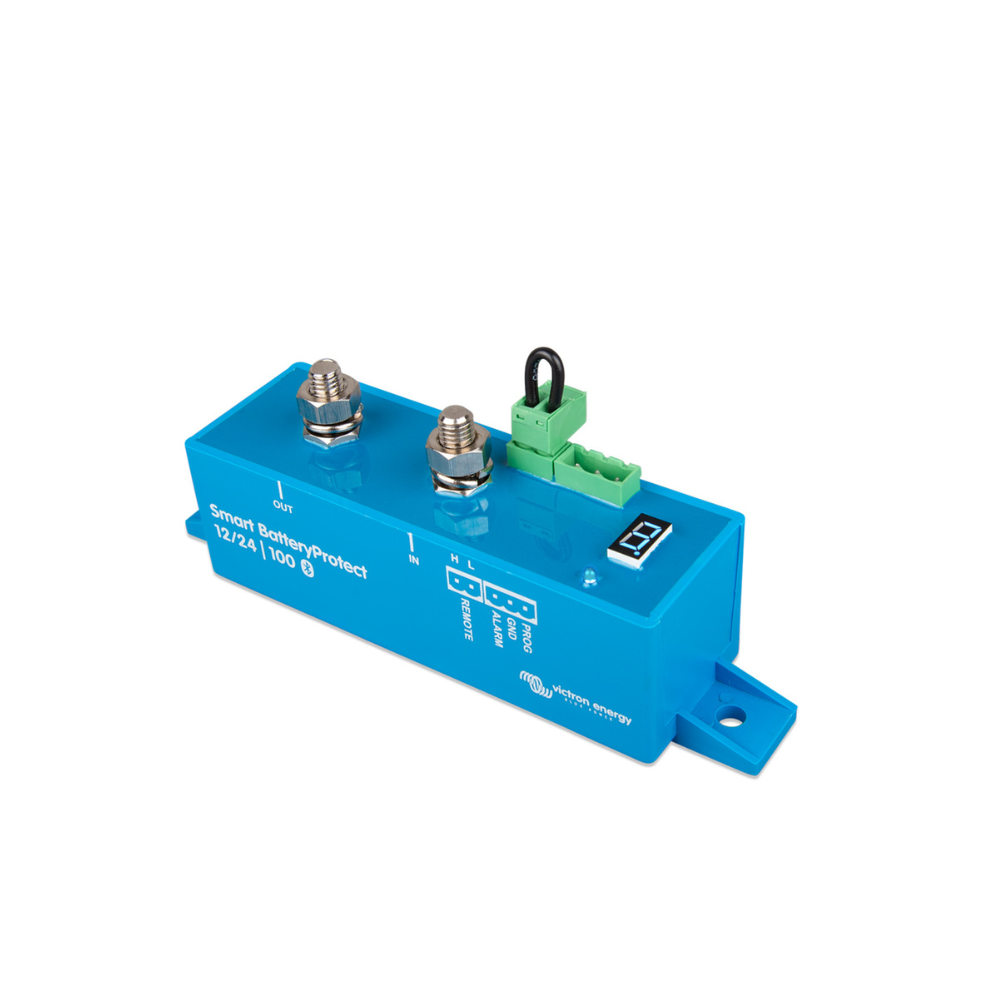 Blue electronic module with connectors on a white background