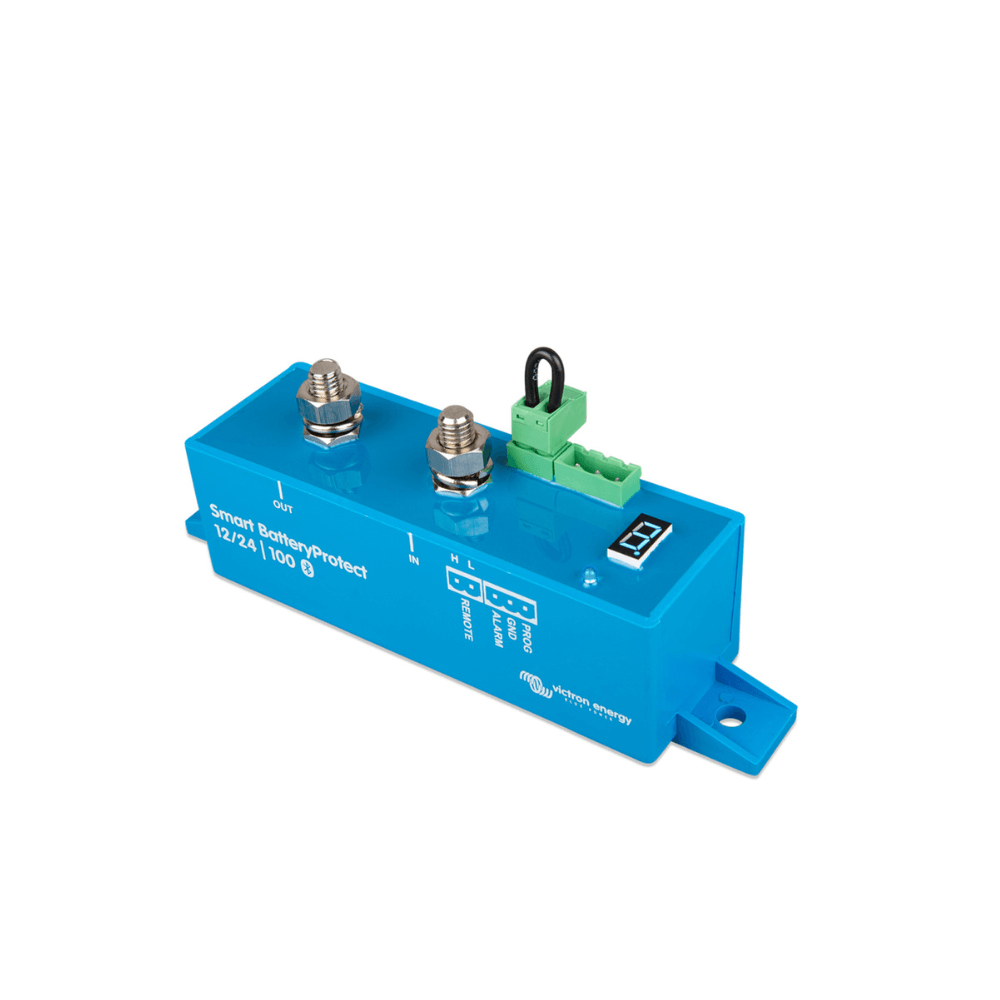 Blue electronic module with connectors on a white background