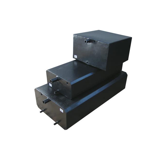 Three black metal water tank boxes of varying sizes on a white background