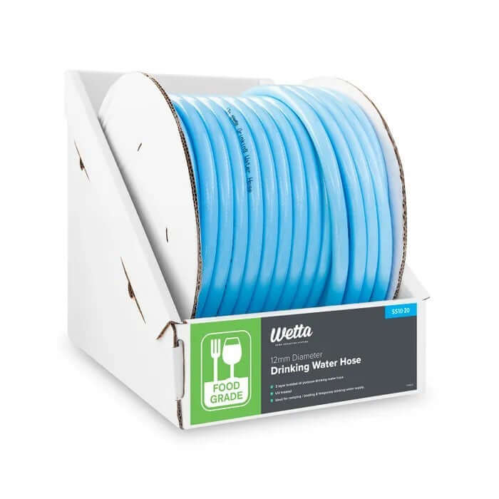 12mm Drinking Water Hose in packaging, ideal for food-grade potable water supply for campers and off-grid living.