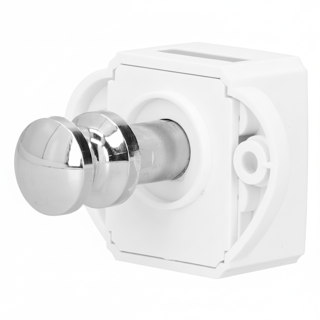 Chrome push button latch extended showing locking mechanism and white base