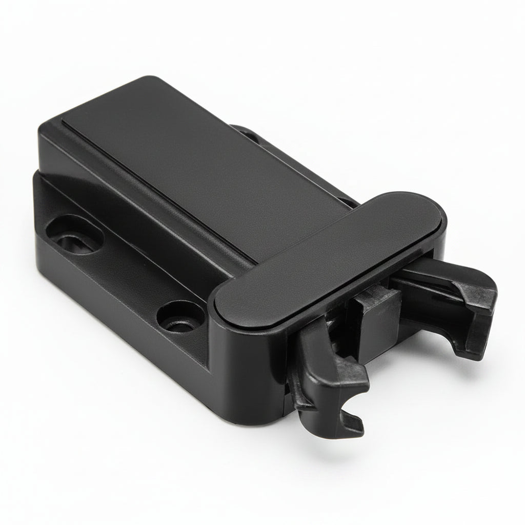 Side angle view of black inline panel latch lock for campervan and RV cabinet doors