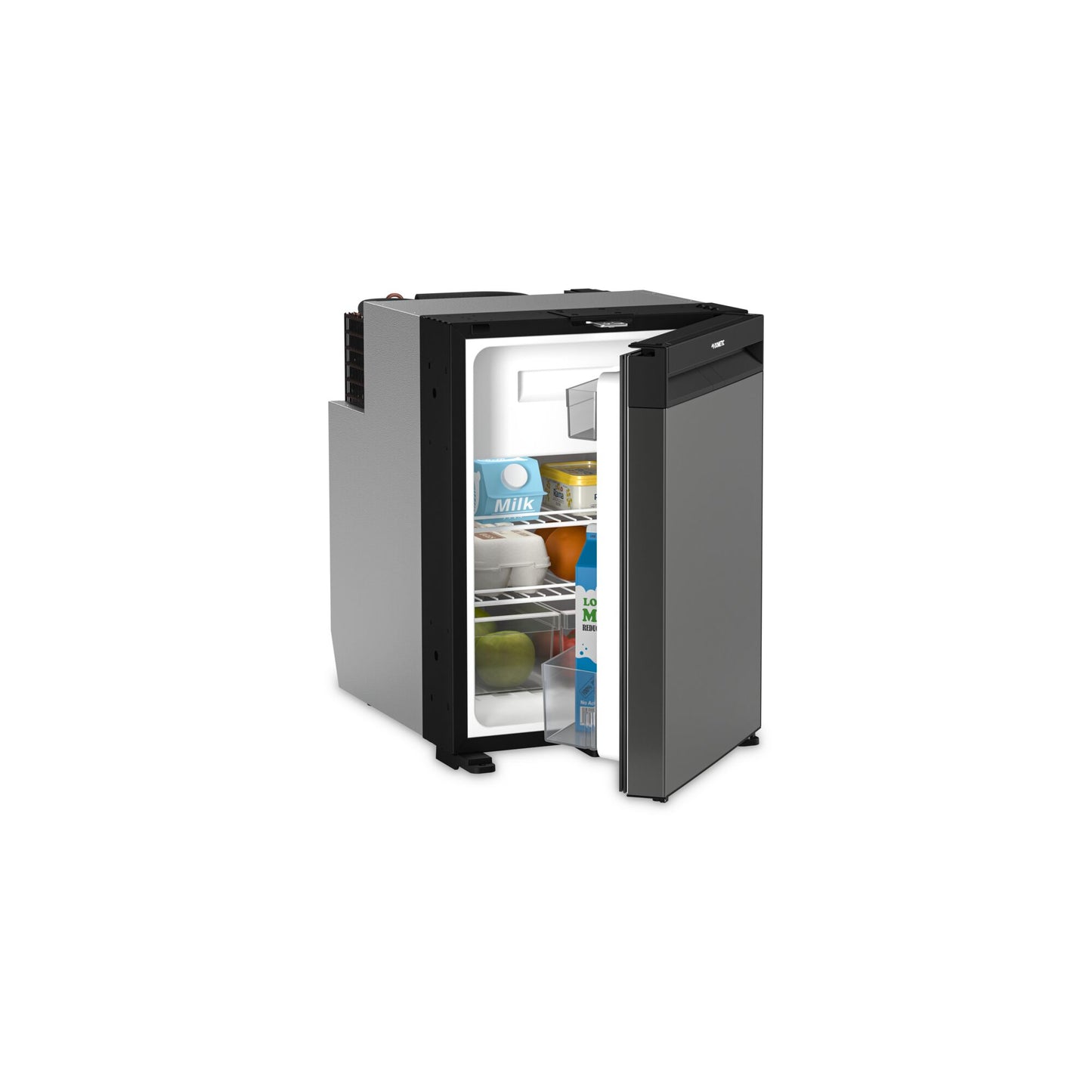Dometic NRX 50C fridge/freezer with open door showcasing food and drinks inside, perfect for campervans.