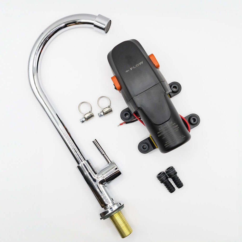 Powered Faucet Kit components including electric pump, faucet spout, and installation hardware for efficient water flow.