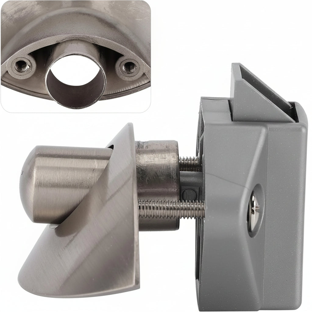 Half-moon stainless steel push latch knob for campervan drawers, cupboards and cabinet doors side view angle